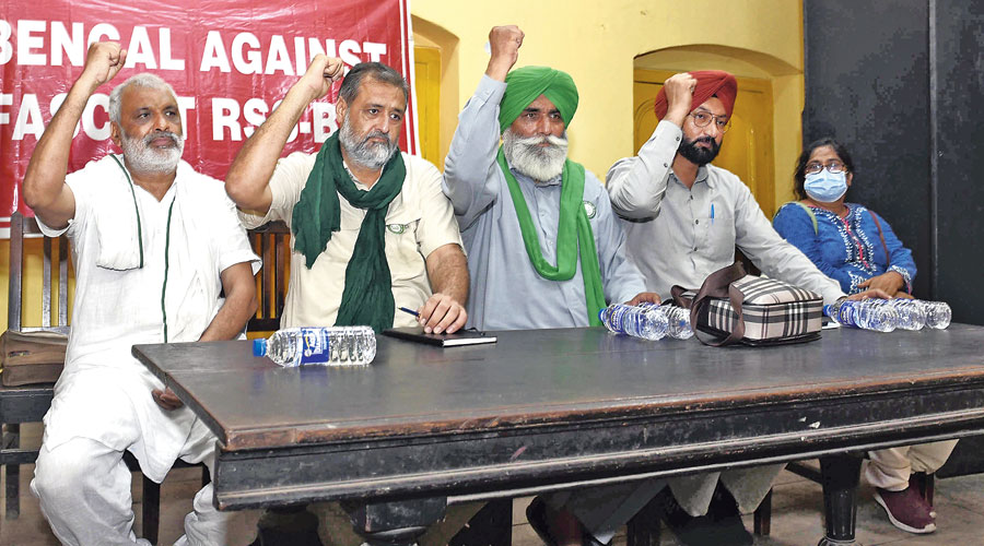 The farm leaders at Bharat Sabha Hall in the Indian Association building in Bowbazar on Thursday. 