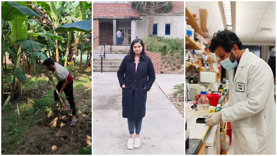 OBSTACLES ACED: (Left to right) Koushik Ghosh in his village; Krittika Roy outside her university in Florida; Ghosh in his lab at the Harvard Medical School, Boston