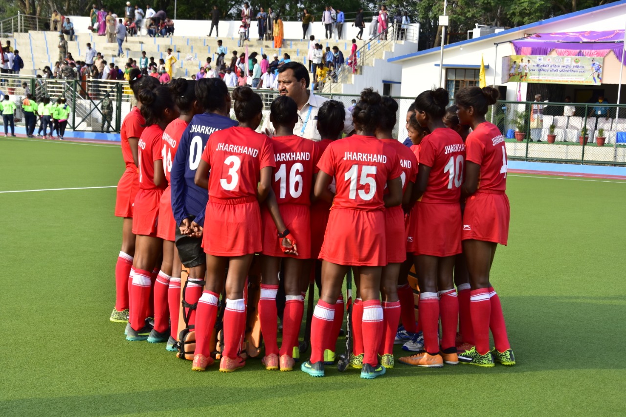 The Jharkhand team in a huddle before the start of the semi-final.