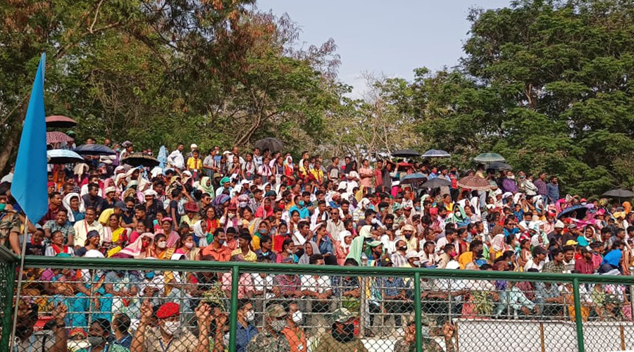 A view of the crowd at Astroturf stadium during the match in Simdega on Wednesday.
