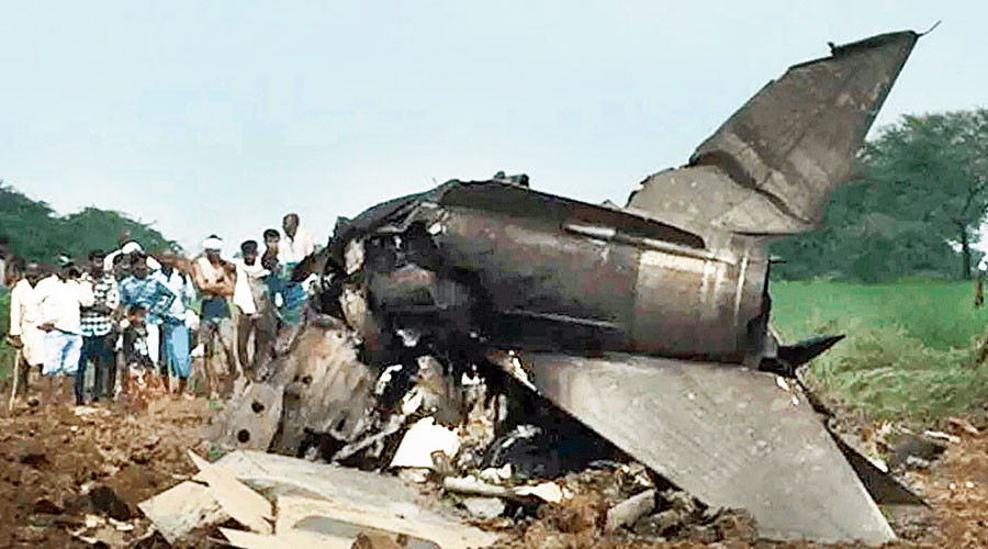 Wreckage of the Indian Air Force MiG-21 Bison fighter jet  after the crash in Gwalior on Wednesday. 