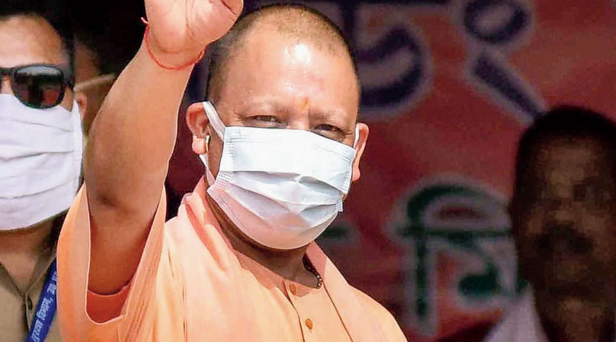Yogi Adityanath at  the election rally in  Assam’s Hojai district  on Wednesday. 