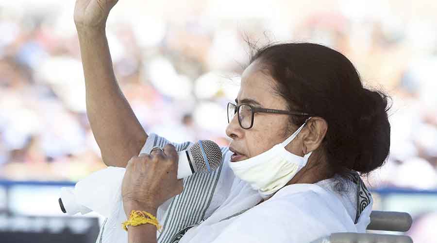 West Bengal Chief Minister Mamata Banerjee addresses a rally at Keshiary village, ahead of the State Assembly polls, in West Medinipur on Thursday, March 18, 2021.