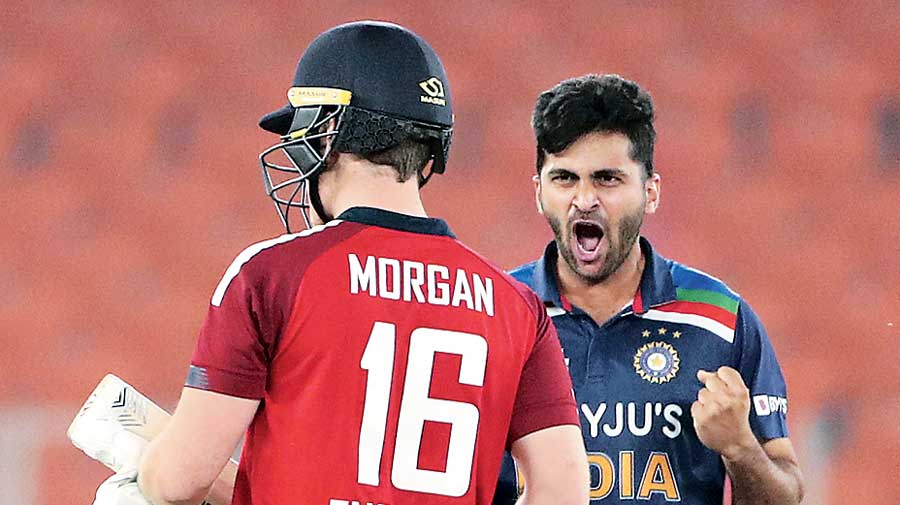 Shardul Thakur after dismissing England captain Eoin Morgan on Thursday. 