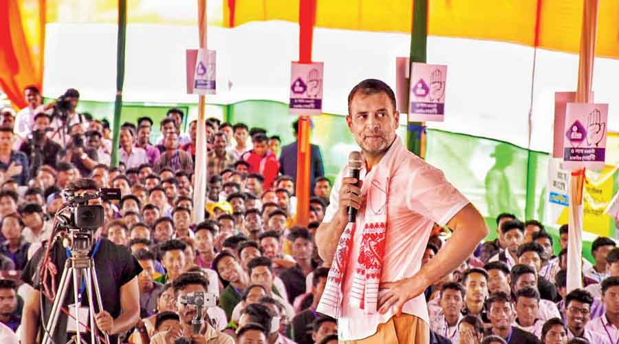 Rahul Gandhi interacts with students at Lahowal in Assam’s Dibrugarh district on Friday