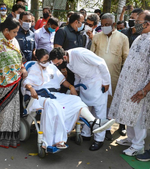 Mamata Banerjee with nephew Abhishek on Nandigram Diwas, four days after her accident