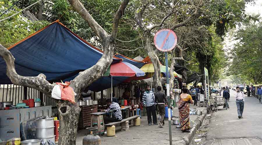 Stalls on the pavement near the Geographical Society of India headquarters in Salt Lake.