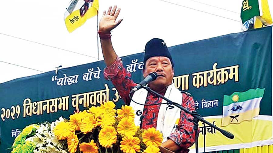Gorkha Janmukti Morcha leader Bimal Gurung speaks at Patlebas, on the outskirts  of Darjeeling, on Tuesday