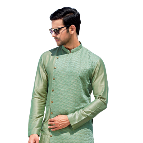 An overlap kurta in sage green with beautifully done intricate threadwork will rock a Holi meet with friends.