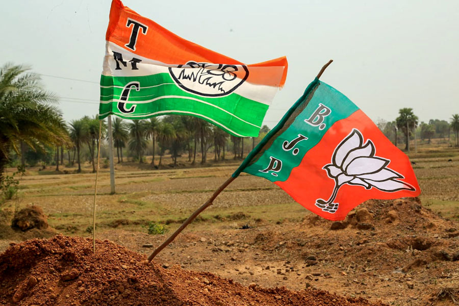 Flags of BJP and TMC flutter side by side in Ooro village under Jhargram district on Saturday