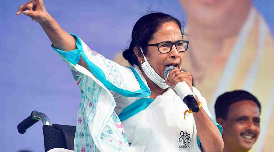 West Bengal Chief Minister Mamata Banerjee addresses a public meeting, in Purba Medinipur on Saturday, March 27, 2021.