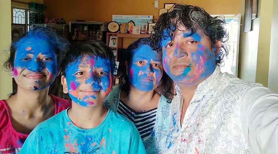 Due to the pandemic, people are enjoying their Holi in their respective residences in Ranchi on Monday. 