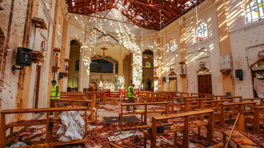 A view of St. Sebastian's Church damaged in blast in Negombo, north of Colombo, Sri Lanka on Sunday, April 21, 2019.