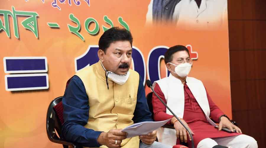 Assam state unit BJP president Ranjeet Kumar Dass shares the party assessment of Assembly poll outcome at its headquarters in Guwahati on Friday
