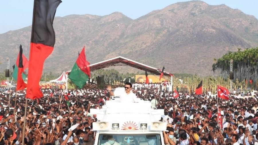 MK Staling during an election roadshow in Tamil Nadu in March.