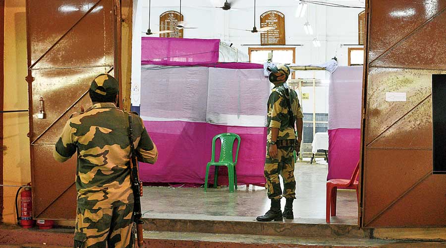 The counting hall that has been set up at St Thomas Boys High School.