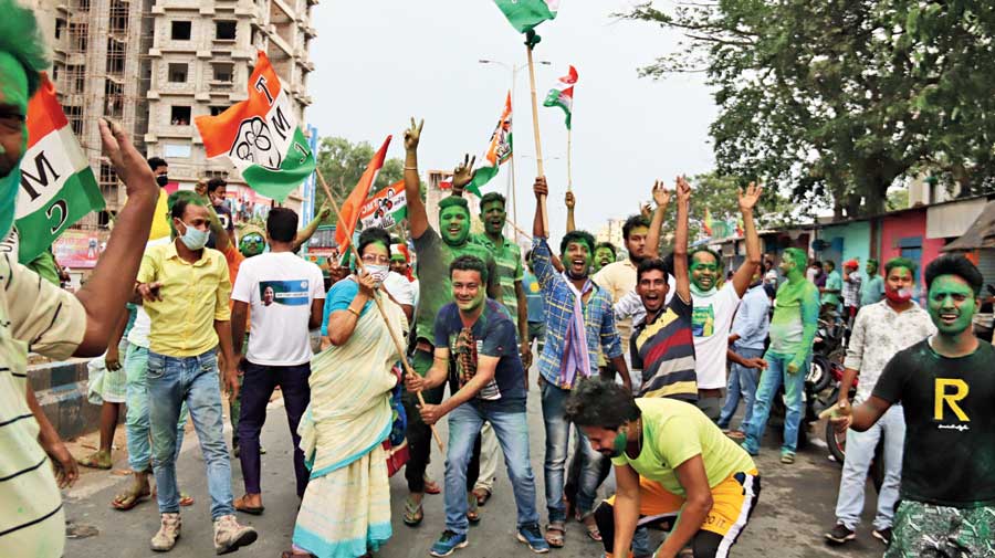 Trinamul supporters celebrate in Burdwan on Sunday. 