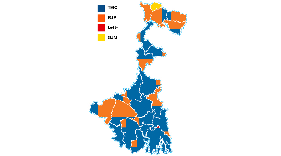 The colours of Bengal- Each district has been coloured in proportion to the number of seats each party or alliance had won or was leading in at 6pm on Sunday