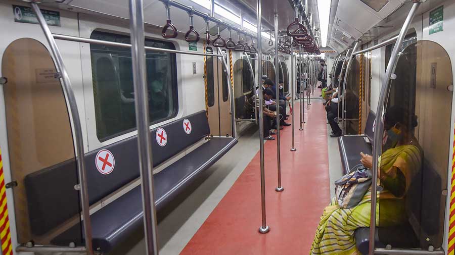 Commuters travel in a nearly empty coache of Calcutta Metro on Wednesday.