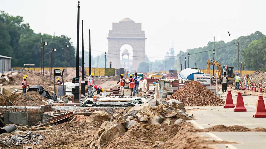 Central Vista construction going on in New Delhi on Thursday. The urgency accorded to the vanity project amid the pandemic has drawn widespread criticism. 