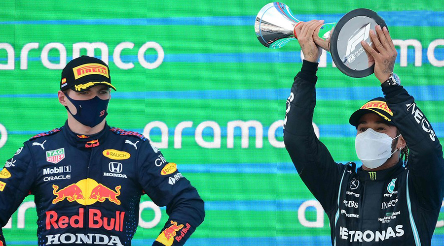 Lewis Hamilton (right) and Max Verstappen on Sunday.