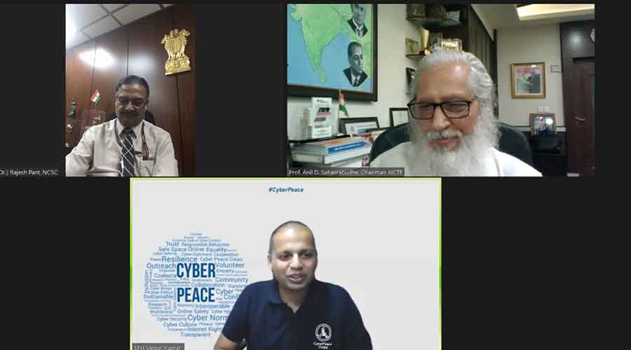 AICTE chairperson Anil D Sahasrabudhe (top right) along with Lt Gen (Retd) Rajesh Pant, National Cyber Security Coordinator, Government of India (top left) and founder and president of CyberPeace Foundation Vineet Kumar at the online e-Saksham launch on Monday. 