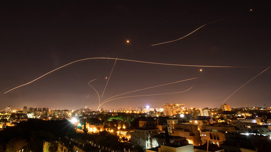 Israel’s Iron Dome missile defense system intercepts rockets launched into Tel Aviv from the Gaza Strip, May 16, 2021. The largely liberal, secular beachside city has a reputation for being a hedonistic bubble. But during the past week, Tel Aviv has been targeted by at least 160 rockets. 