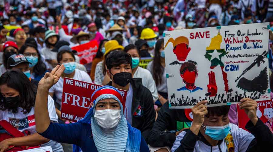 Protesters demonstrating against the military coup in Myanmar