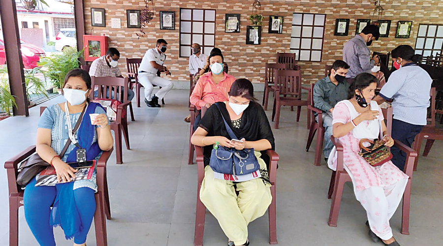 Recipients at an off-site vaccination camp at Shri Shikshayatan School that was conducted by Charnock Hospital on Tuesday.