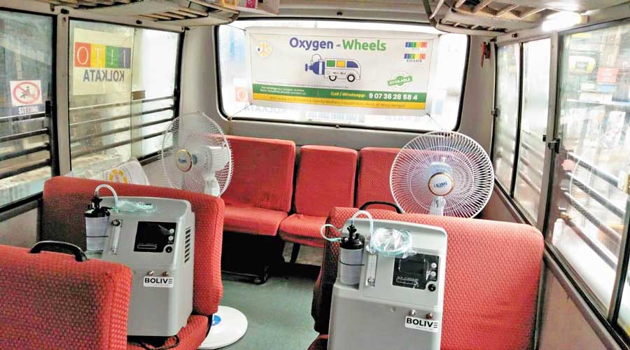 Oxygen concentrators fitted inside a bus parked at Nilratan Sircar Medical College and Hospital.