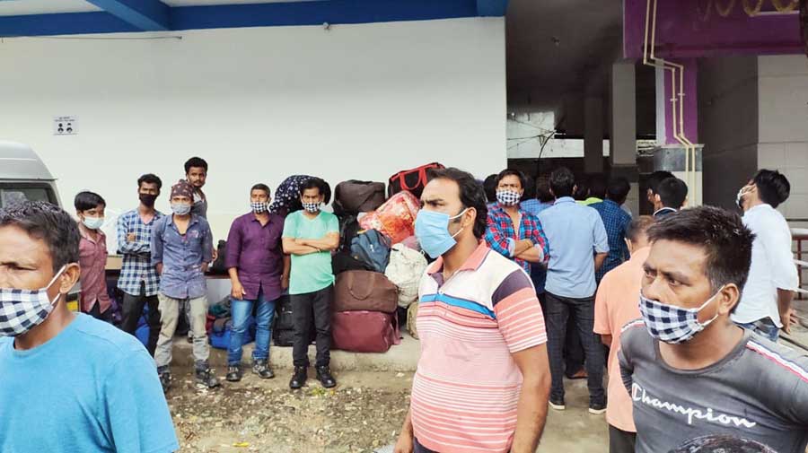 Labourers at Jaigaon police station on Thursday after their escape from Bhutan. 
