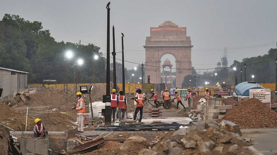 Construction work underway as part of the Central Vista Redevelopment Project, at Rajpath in New Delhi this year.