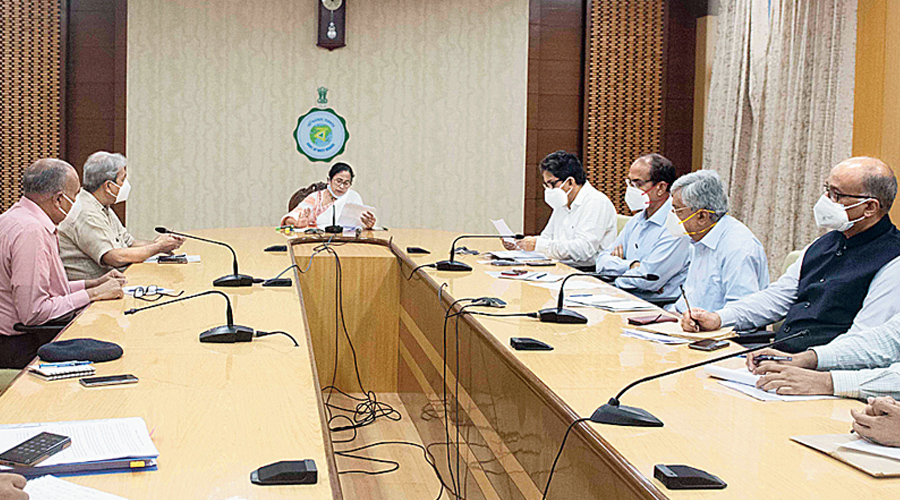 Mamata Banerjee attends a meeting with senior government officials at Nabanna on Thursday to review post-Yaas relief operations.