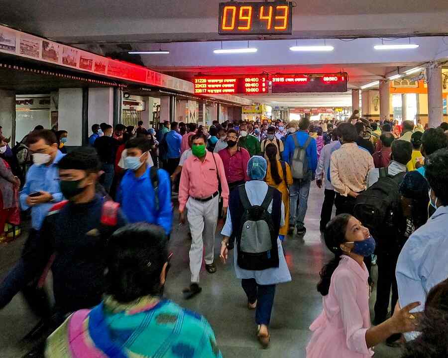 Sealdah station getting back  to its old rhythm. Several other relaxations were announced by the state government last Friday including cinemas, theatre halls, auditoriums, stadiums, shopping malls, market complexes, restaurants, bars, spas and gyms being able to operate with 70 per cent occupancy instead of 50 per cent 