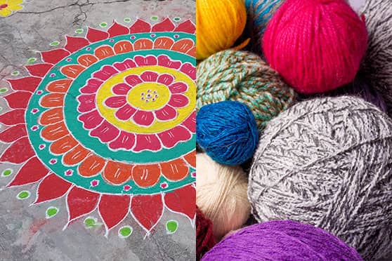 Rangolis with woollen strands are pretty and durable too. 