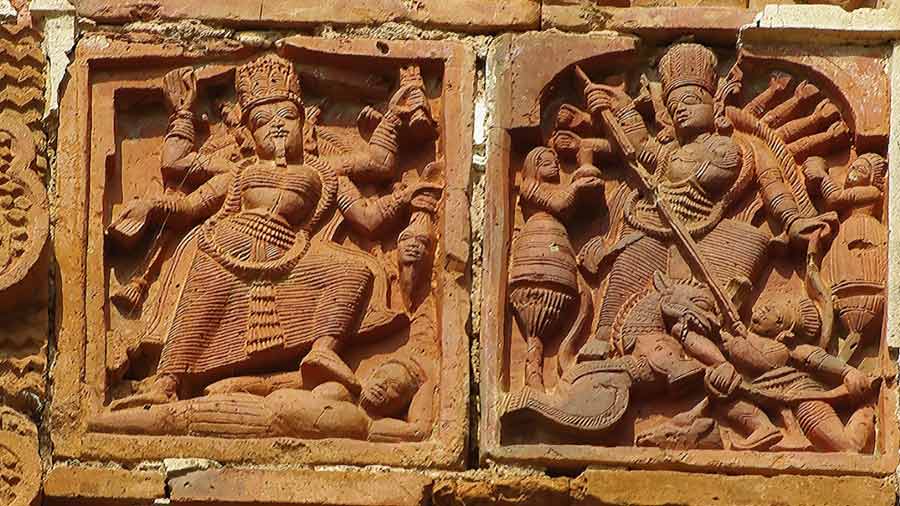 Saree-clad and bejewelled Kali beside Durga, Rajrajeshwar temple, Kotalpur, Hooghly