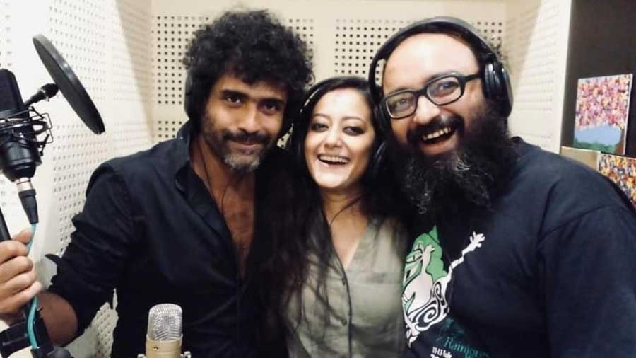 Dwaipayan, Nabamita and Satyaki during one of their recording sessions