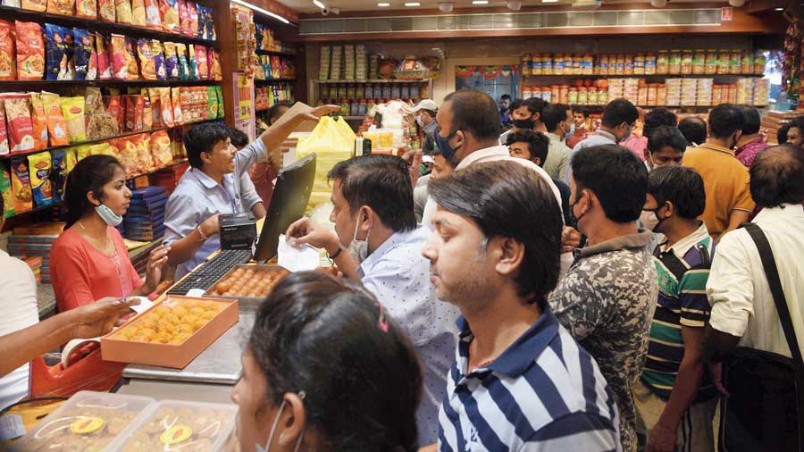 A crowded sweet shop on Brabourne Road on Wednesday afternoon. 