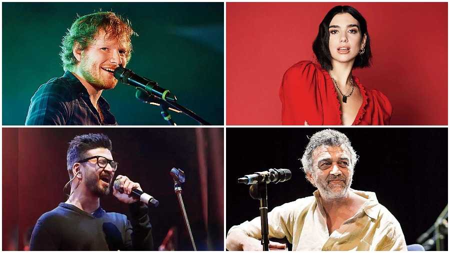 (Clockwise fom left top): Ed Sheeran, Dua Lipa, Amit Trivedi, Lucky Ali