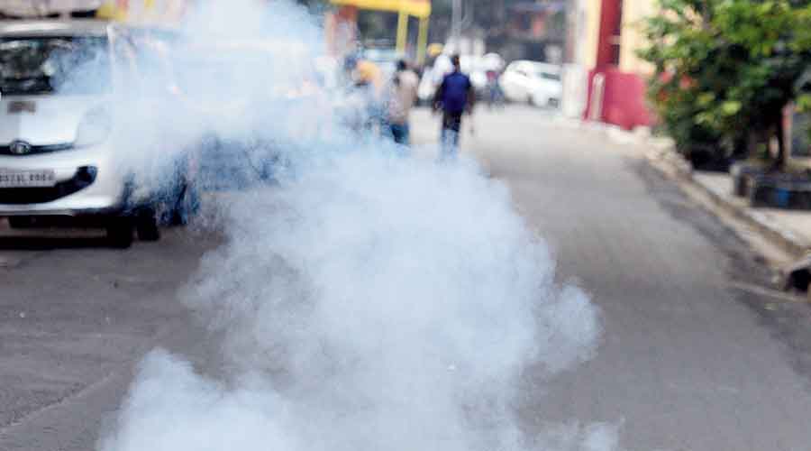 Smoke from a firecracker that was burst on a road in Bhowanipore in south Kolkata on Thursday afternoon. 
