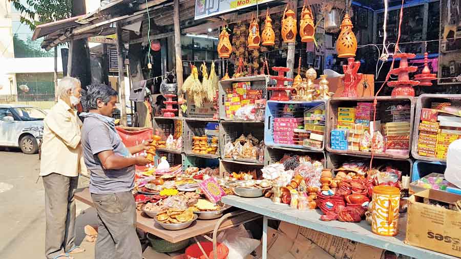 A shop in GD Market that switched to selling diyas instead of fire crackers this year. 