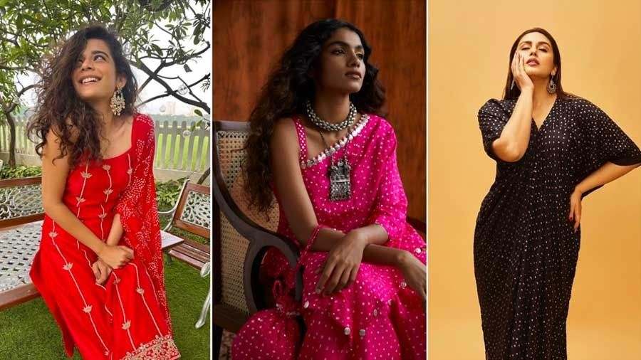 From left: Mithila Palkar in a red spaghetti kurta, a model in a bandhani cape by Pink City and Huma Qureshi in a mirror work kaftan