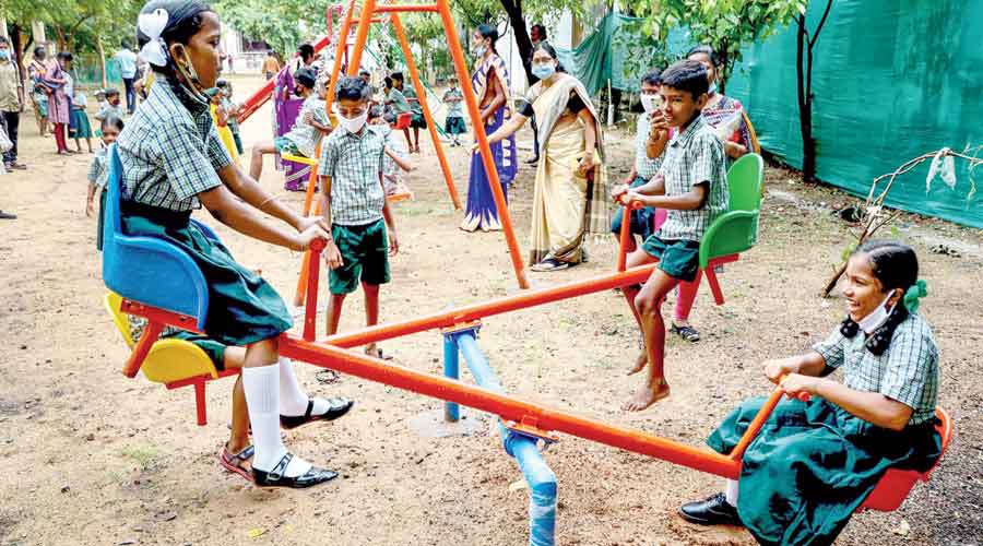 Students in a playground in a Chennai school on November 1. 