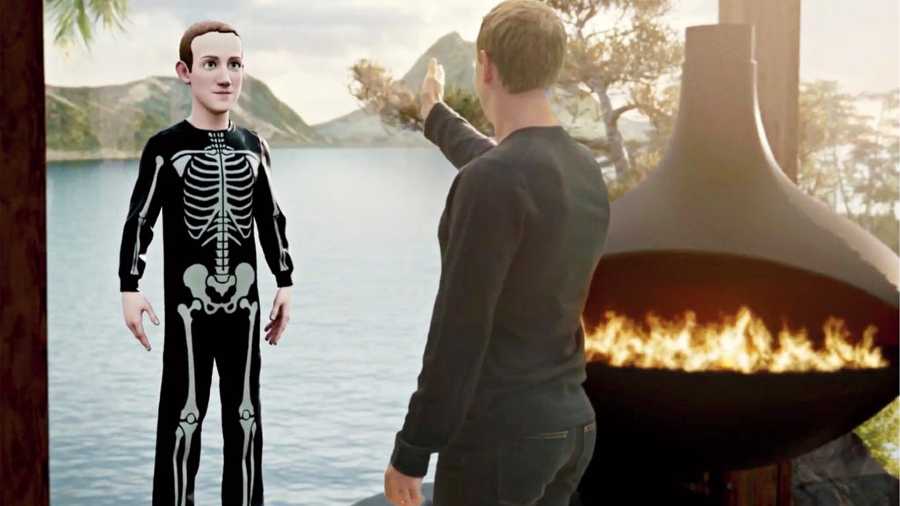 Mark Zuckerberg confronts his avatar at Facebook’s recent conference