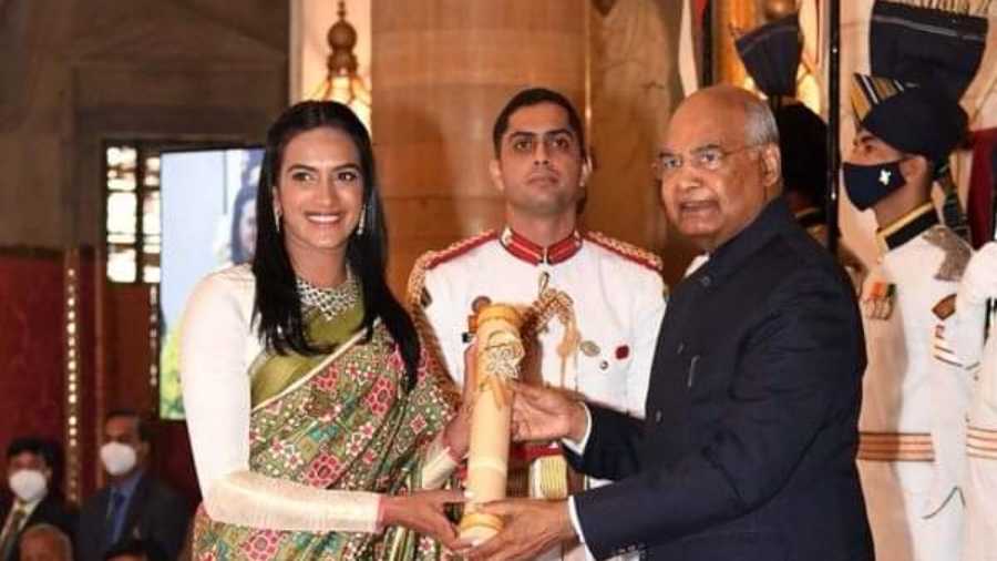 PV Sindhu receiving the Padma Bhushan on Monday.