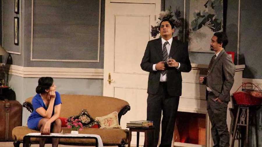 (L-R) Zara Sengupta, Dhruv Mookerji (as Tony Wendice) and Zahid Hossain on the sets of ‘Dial M for Murder’ — Theatrecian’s 2015 adaptation of a British play made famous by Alfred Hitchcock for the silver screen