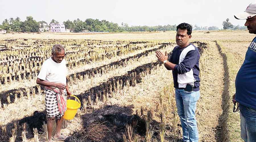 A panchayat official requests a farmer not to burn paddy stubble in East Burdwan's Baikanthapur on Monday. 