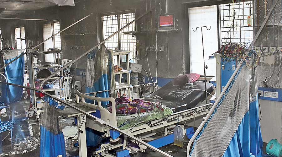 The fire-ravaged ICU of the district civil hospital in Maharashtra’s Ahmednagar city on Saturday.
