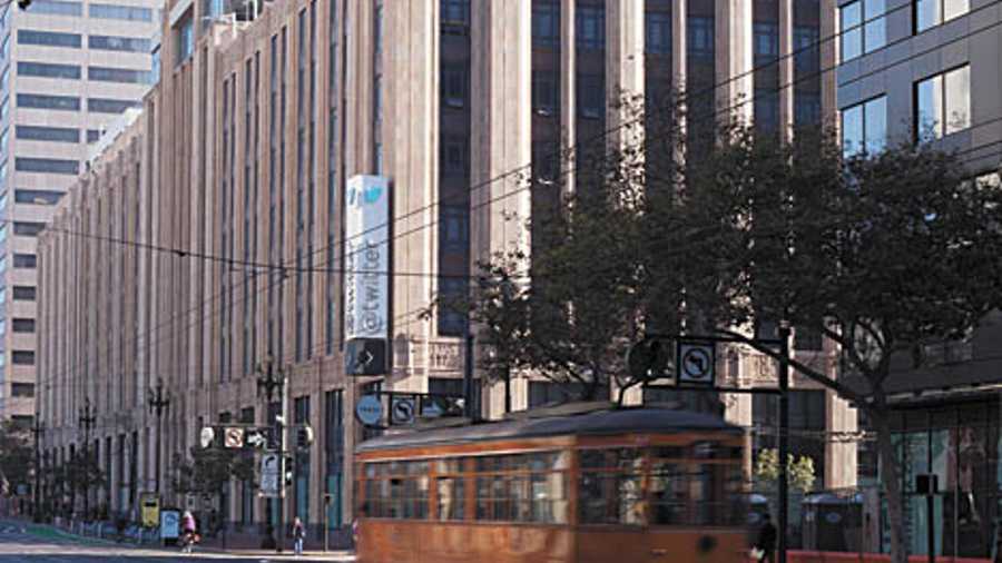 The Twitter logo is seen outside the company headquarters inSan Francisco