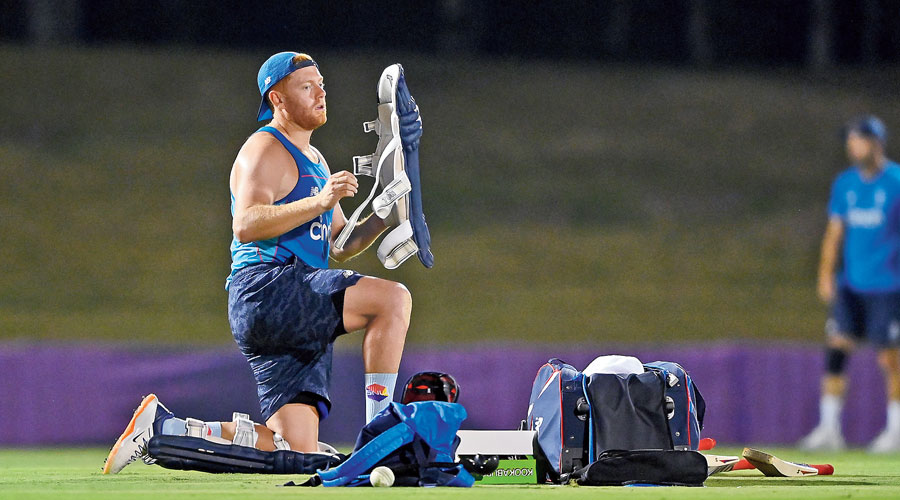 England’s Jonny Bairstow pads up during a training session at the ICC Academy in Dubai  on Tuesday, the eve of their T20 World Cup semi-final against New Zealand. 